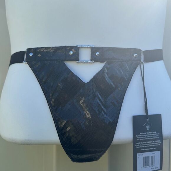 NWT Thistle & Spire chamber faux leather buckle logo thong bondage lingerie - Picture 3 of 6